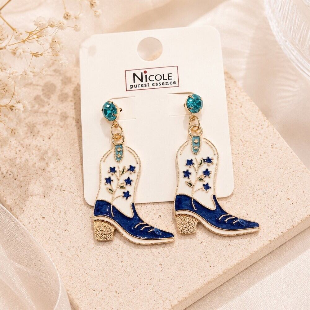 Nicole Purest Essence Earrings Blue Enamel Cowboy Boot Dangle South western cute